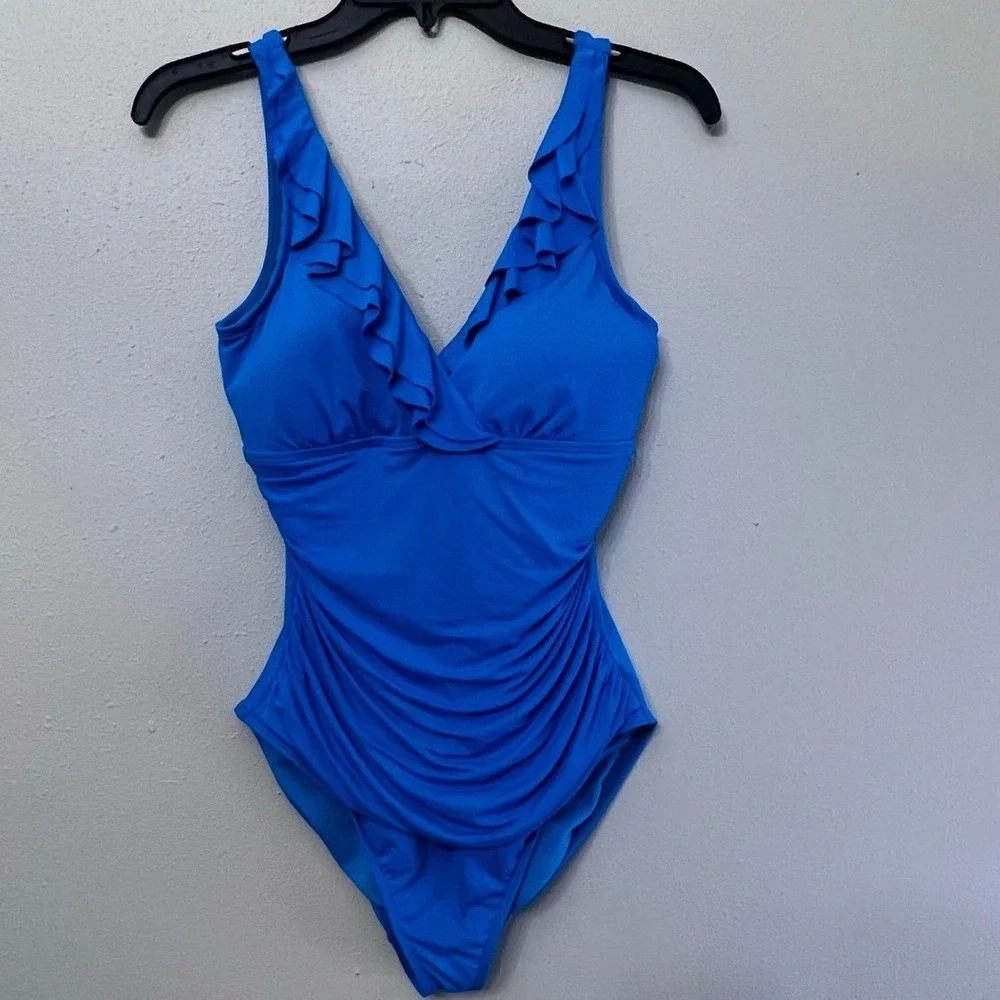 Lauren Ralph Lauren One Piece Swimwear/Cover Up Set Sz‎ 10 Blue Ruffle Classic